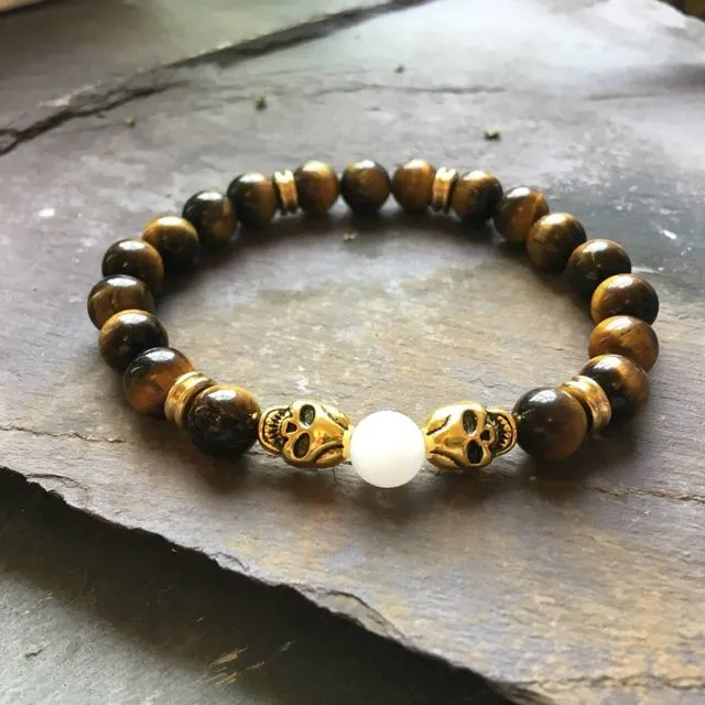 Skull Bracelet with Tigers Eye and White Jade