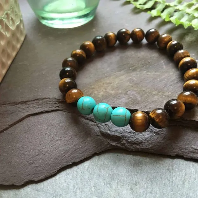 Tigers Eye and Cool Green Turquoise Stone Bead Bracelet