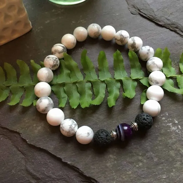 White Howlite, Purple Onyx and Lava Stone Bead Bracelet. Essential Oils Aromatherapy