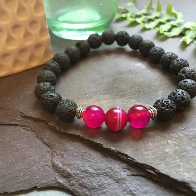 Pink Agate Beaded Bracelet with Lava Stone