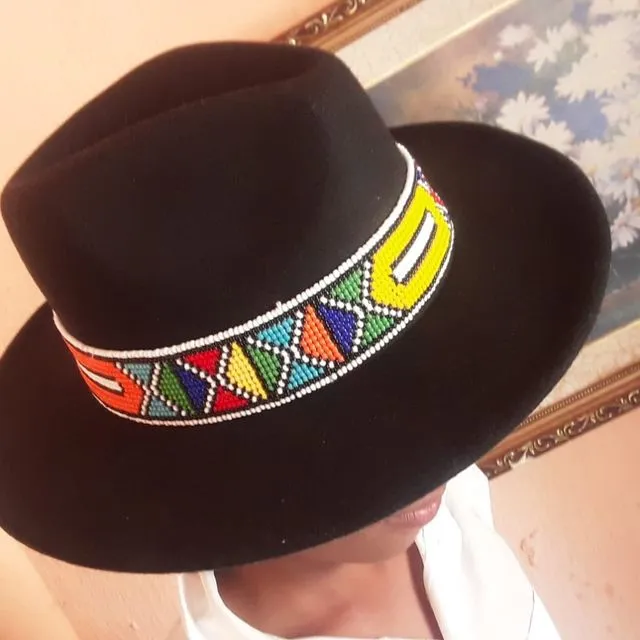 Zulu Beaded Fedora Hat - Black rainbow beads