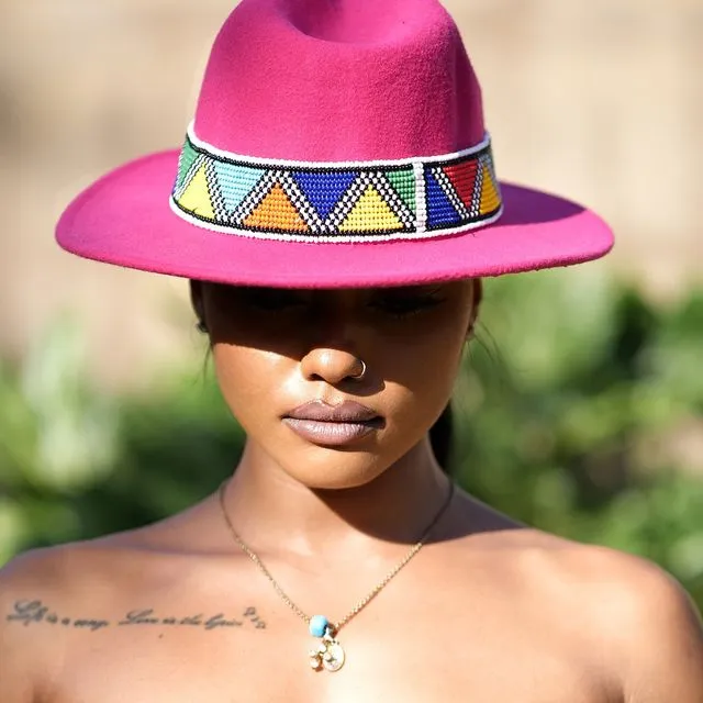 Zulu Beaded Fedora Hat - Pink