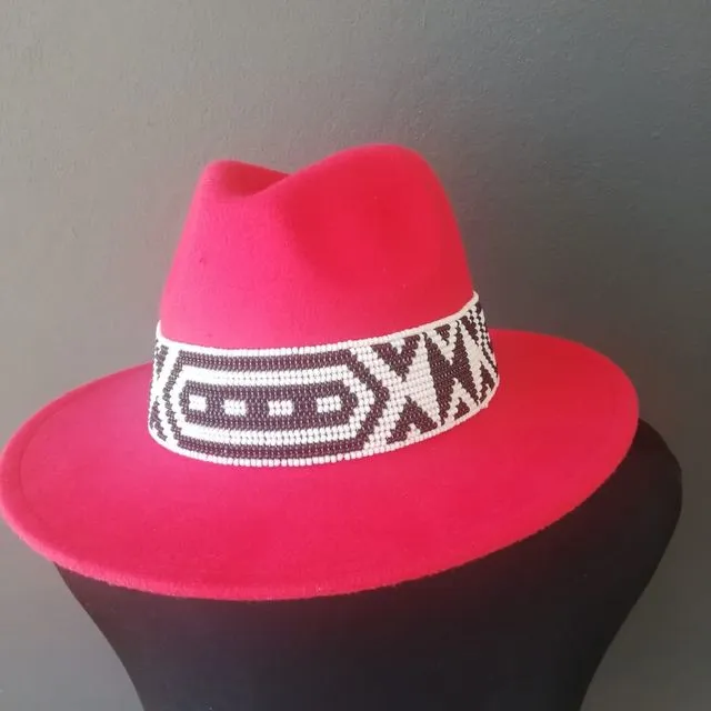 Zulu Beaded Fedora Hat - Red (B&W beads)