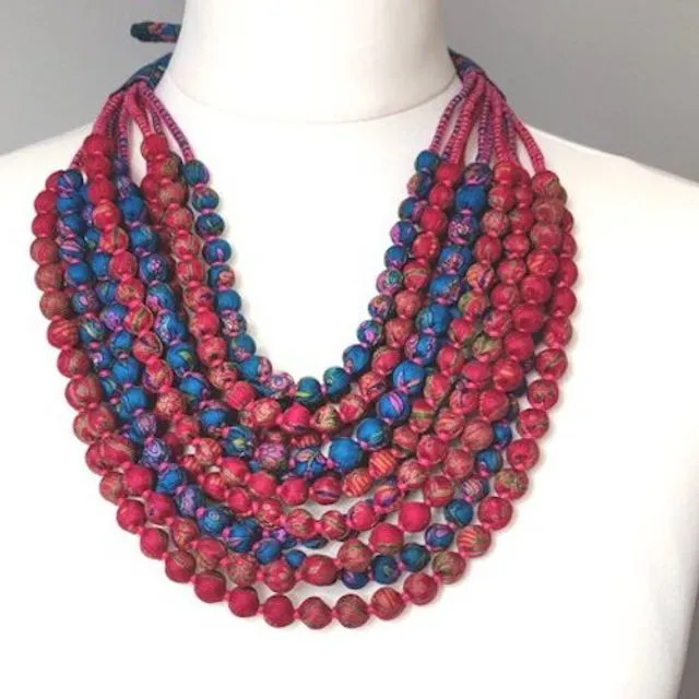 Multi-layered 12 Strand Sari Necklace - Floral Pink and Blue
