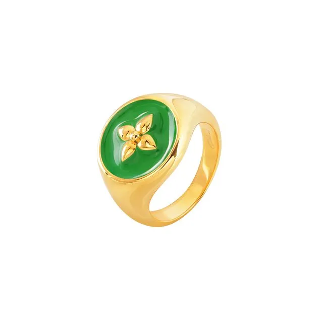 Croisette signet ring in emerald green lacquered vermeil