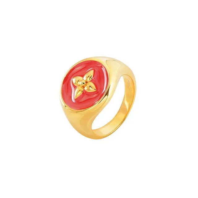 Croisette signet ring in imperial red lacquered vermeil