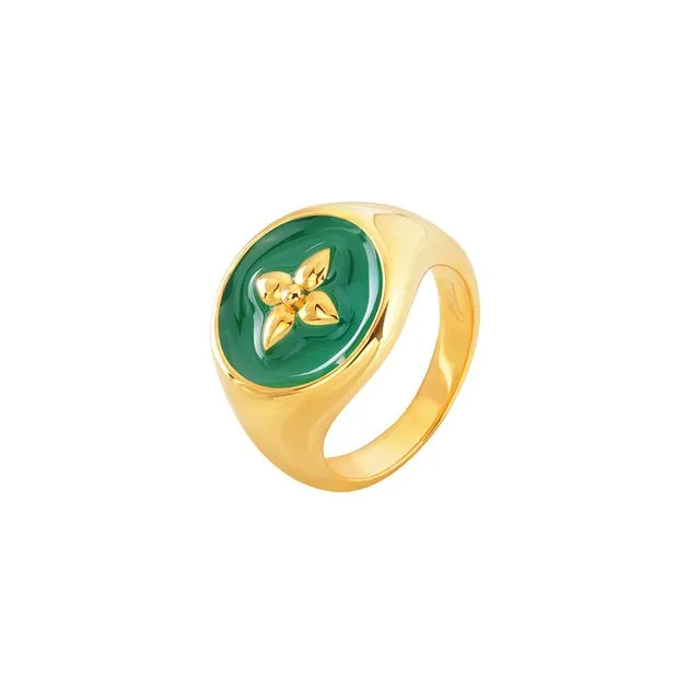 Croisette signet ring in pine green lacquered vermeil