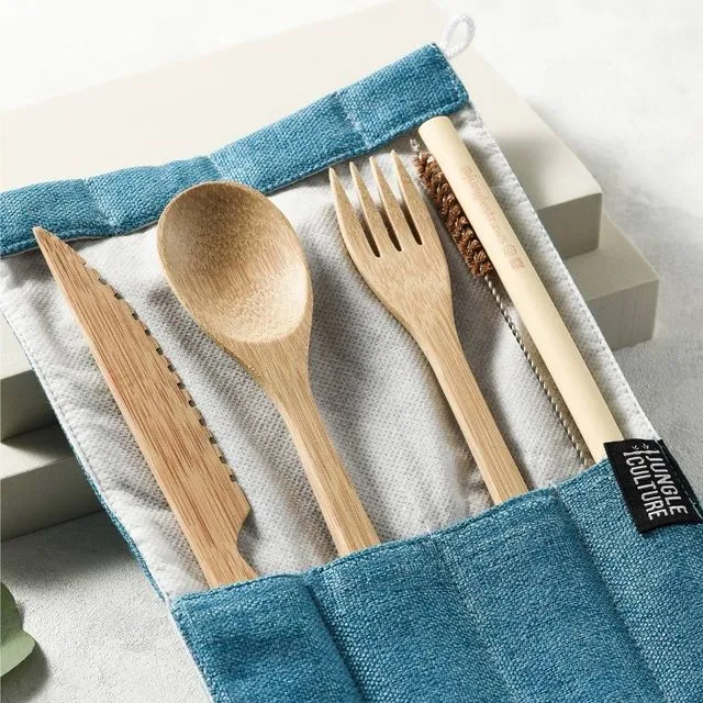 Reusable Bamboo Cutlery Set in Marine green bag - Handmade