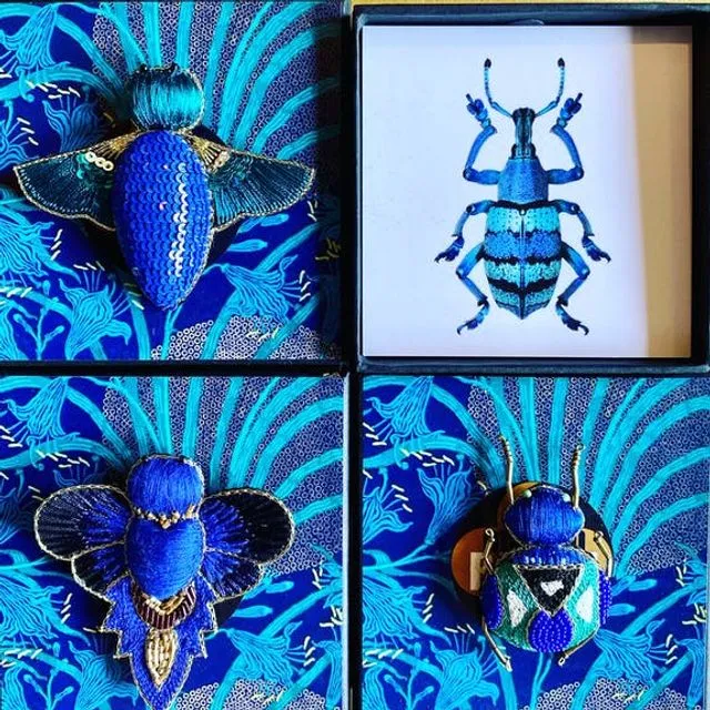 Set Of 3 Blue Insect Brooches