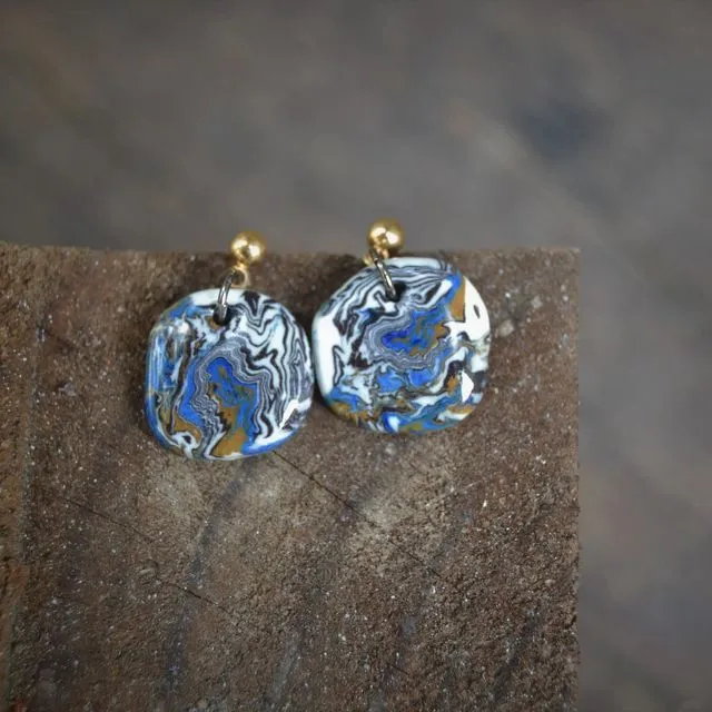 Ornamental blue and brown porcelain Nerikomi earrings