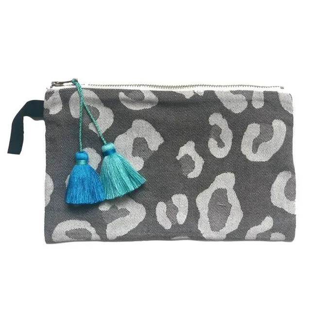 Grey Animal Print Pouch with Turquoise & Mint Tassels