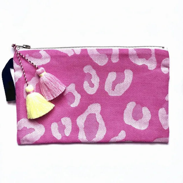 Pink Animal Print Pouch with Pink & Yellow Tassels