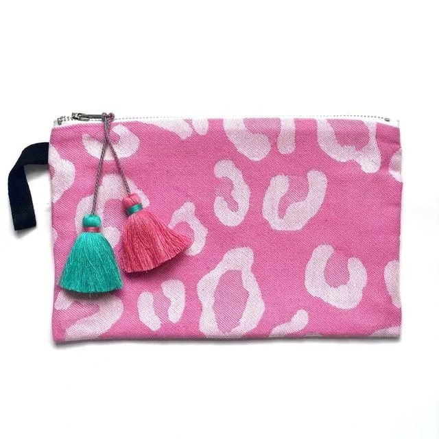 Pink Animal Print Pouch with Pink & Green Tassels