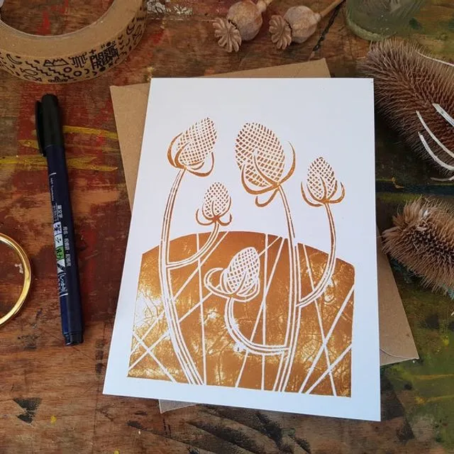 Teasels linocut print 7x5” recycled greeting card