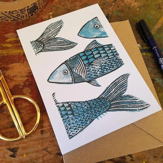 Mackerel fish linocut print 7x5” recycled greeting card