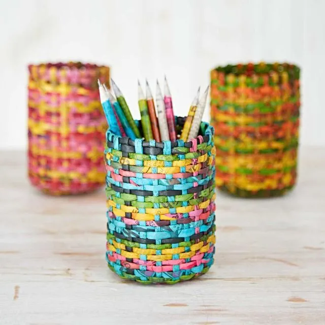Recycled Newspaper Round Pencil Holder in Navy, green, yellow pink and blue