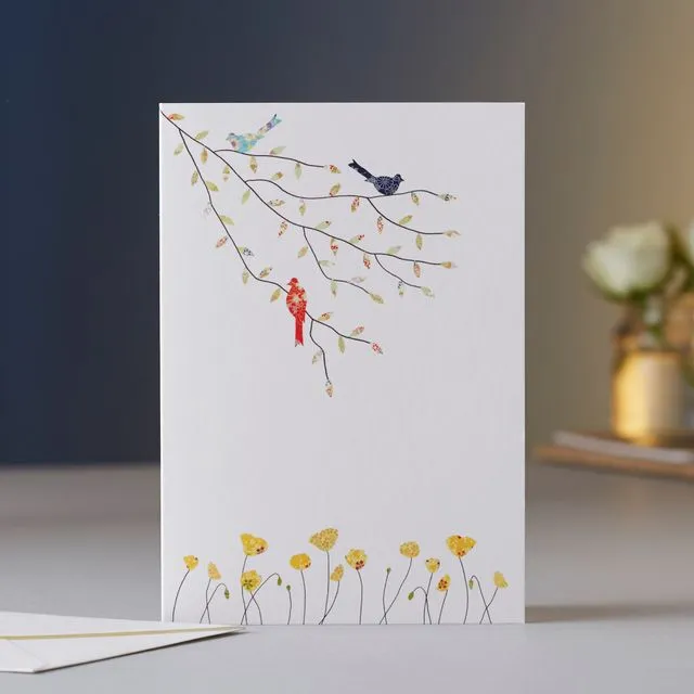 Three Birds & Poppies Greeting Card