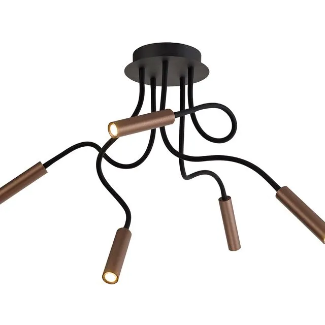 Lacey Ceiling, 5 Light Adjustable Arms, 5 x 5W LED Dimmable, 3000K, 1550lm, Black/Satin Copper, 3yrs Warranty