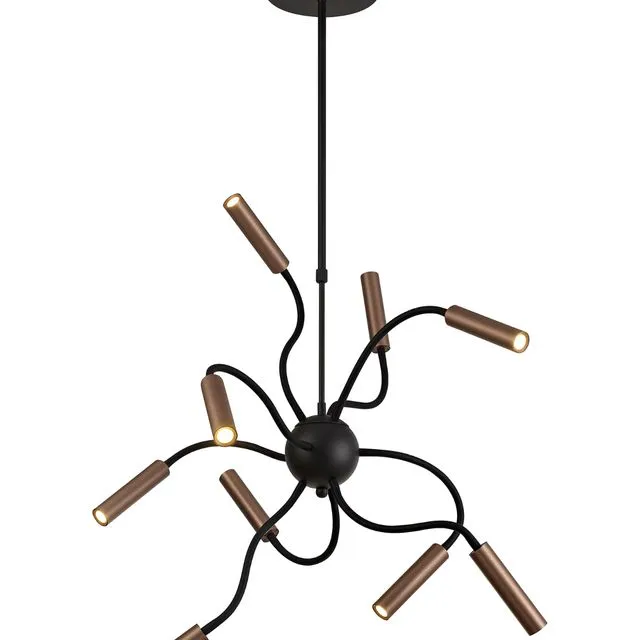 Lacey Sputnik Pendant, 9 Light Adjustable Arms, 9 x 4W LED Dimmable, 3000K, 2250lm, Black/Satin Copper, 3yrs Warranty