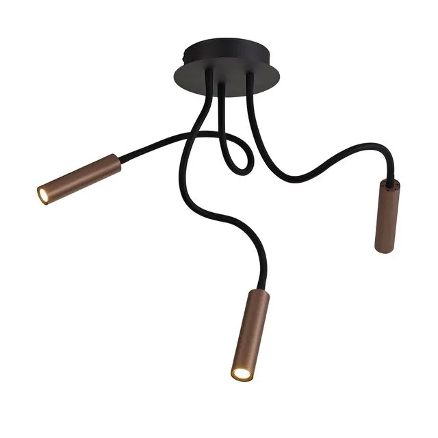 Lacey Ceiling, 3 Light Adjustable Arms, 3 x 5W LED Dimmable, 3000K, 930lm, Black/Satin Copper, 3yrs Warranty