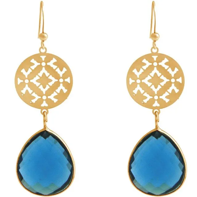 Gemshine ladies earrings with mandalas and blue topaz gemstones of excellent quality. Gold plated Earrings