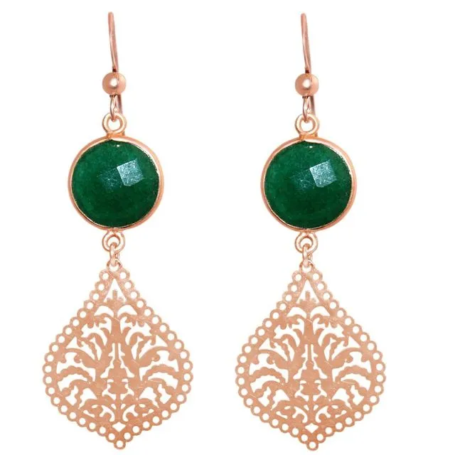 Gemshine ladies earrings with mandalas and emeralds of excellent quality. Silver rose gold plated Earrings.