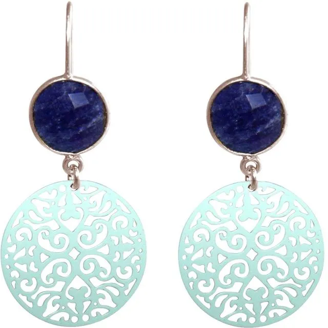 Gemshine ladies earrings with mandalas and blue sapphires of excellent quality. SIlver Earrings