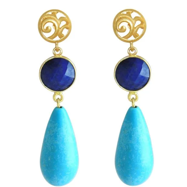Gemshine earrings with sapphires and turquoise. Earrings made of 925 silver, high quality gold-plated