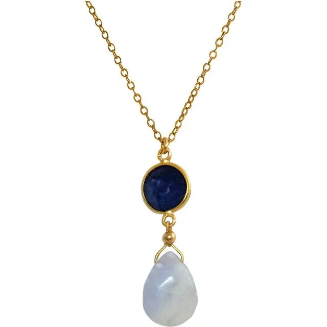 Gemshine necklace with sapphire and chalcedony. Gemstone pendant made of 925 silver, high quality gold-plated on a 60 cm chain.
