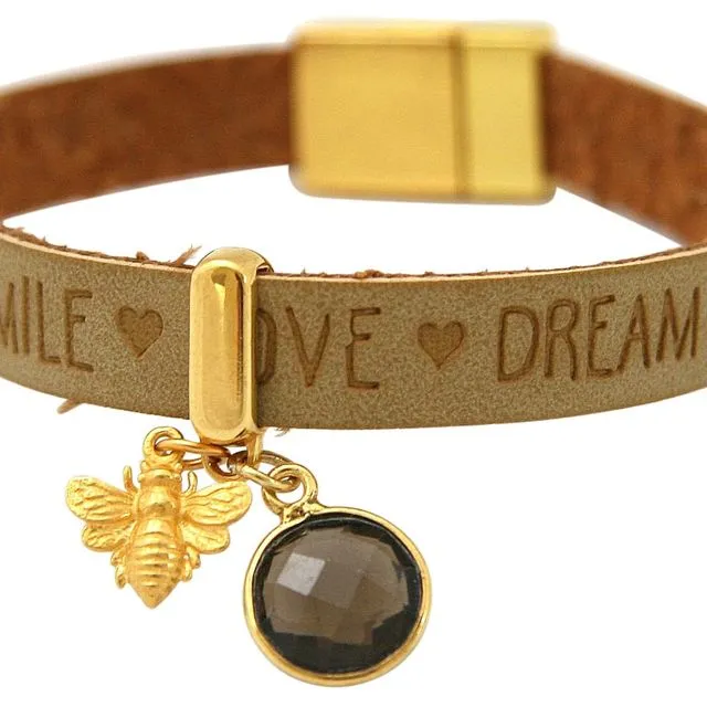 Gemshine - women - bracelet - BEE - bee - 925 silver gold plated - WISHES - brown sand - smoky quartz - magnetic clasp