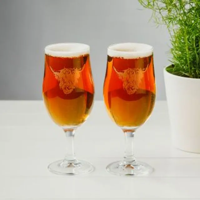 Set of 2 Highland Cow Engraved Style Craft Beer Glasses