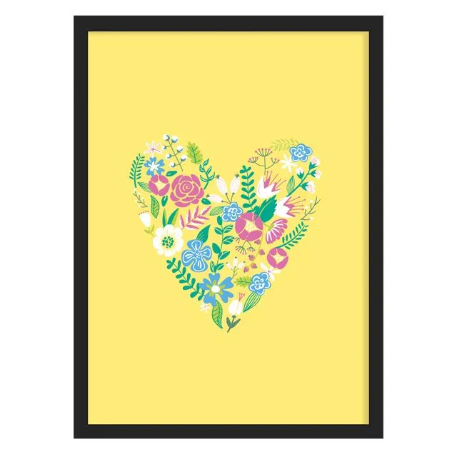 Yellow Floral Heart Illustration Print - Framed or Unframed