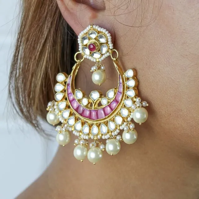 Hawa Mahal Red and White Kundan Gold-Plated Earrings