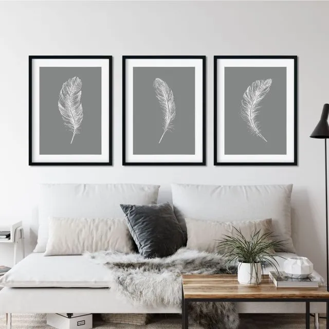 Set of 3 Dark Grey Feather Luxury Prints / Wall Art / Living Room Decor / Sketched / Posters - A4 Size