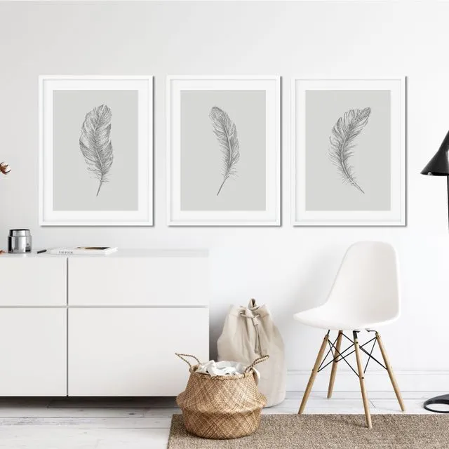 Set of 3 Light Grey Feather Luxury Prints / Wall Art / Living Room Decor / Sketched / Posters - A3 Size