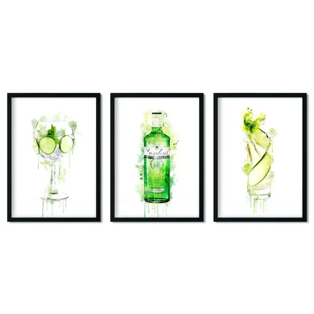 Set of 3 Gin Wall Prints / Green Watercolour / Gin Lover / Wall Art - A3 Size