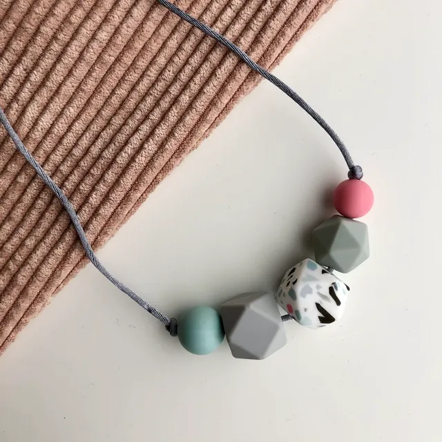 Terrazzo 5 bead Teething Necklace - grey cord and clasp