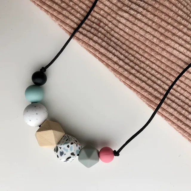 Terrazzo 7 bead Teething Necklace - black cord and clasp