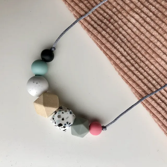 Terrazzo 7 bead Teething Necklace - grey cord and clasp