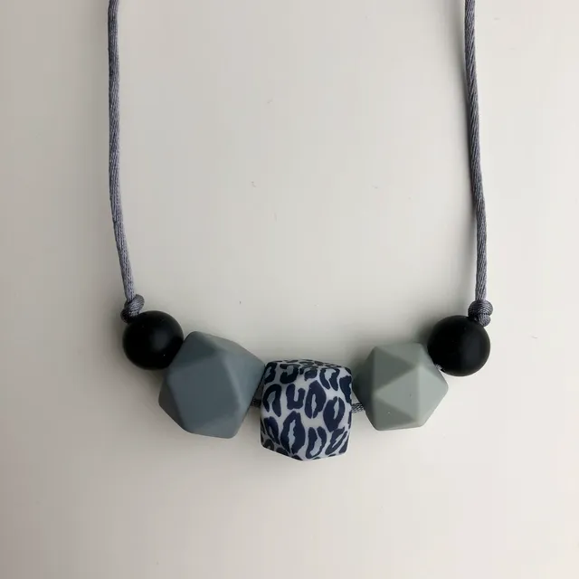 Leopard 5-bead Teething Necklace - grey cord and clasp