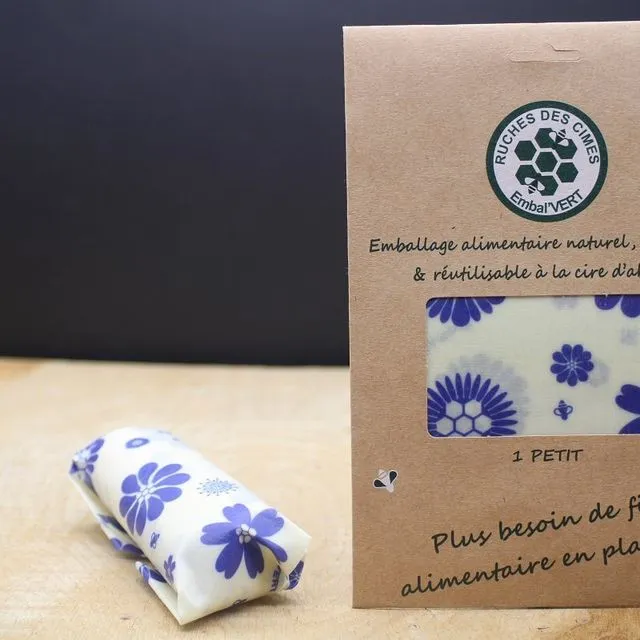 Emballage alimentaire à la cire d'abeille Petit Embal - 20cm x 20cm (Blanc Avec Motifs Fleurs Bleues)