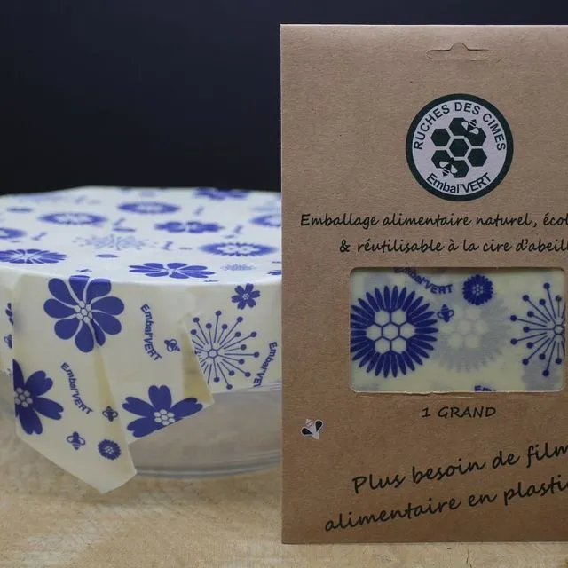 Emballage alimentaire à la cire d'abeille Grand Embal - 35cm x 35cm (Blanc Avec Motifs Fleurs Bleues)