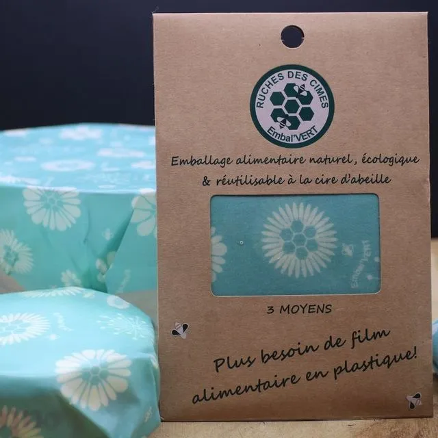 Pack 3 moyens - 28x28cm d'emballages alimentaires à la cire d'abeille (Motifs Fleurs turquoise)