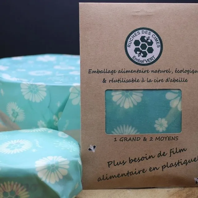 Pack 1 grand 2 moyens d'emballages alimentaires à la cire d'abeille (Motifs Fleurs turquoise)