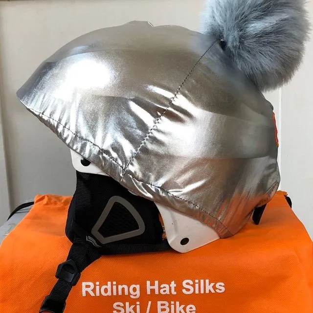 PomPom horse riding hatsilk , ski helmet cover - Silver