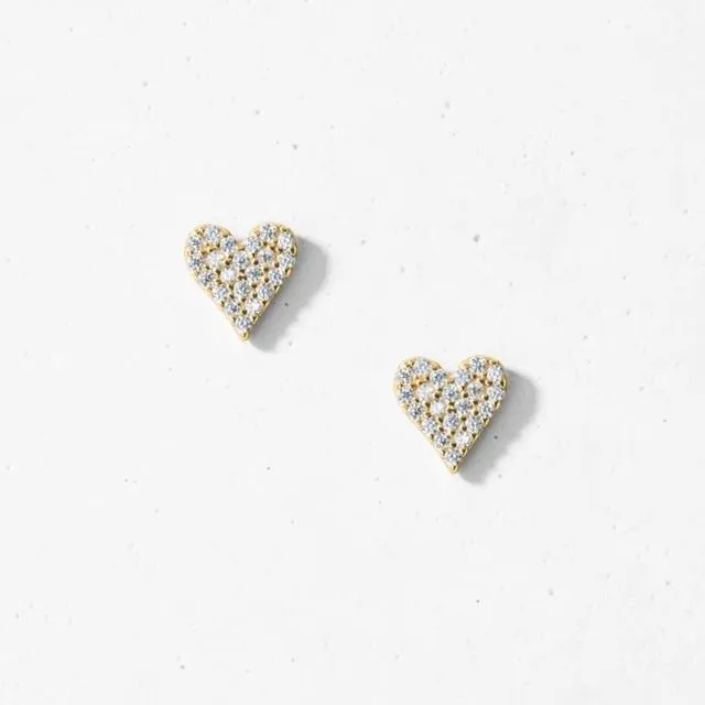 PAVE HEART STUD EARRINGS - 925 STERLING SILVER (Colour Gold)