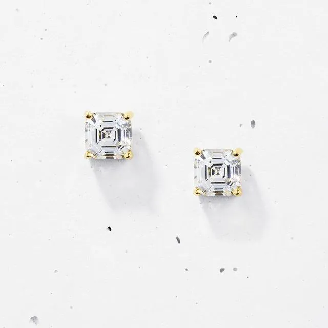 ASSCHER CUT SQUARE STUD EARRINGS 925 STERLING SILVER - COLOUR GOLD