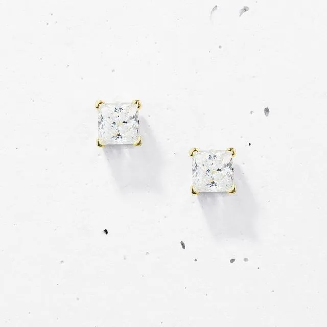 PRINCESS CUT SQUARE STUD EARRINGS 925 STERLING SILVER - COLOUR GOLD