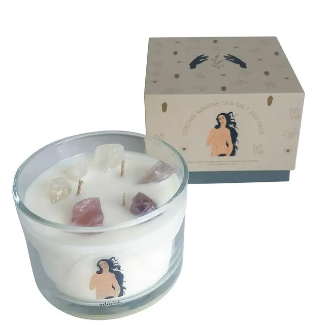 3-Wick Scented Soy Wax Candle with Crystals, Strong Wahine Sea Salt & Sage to breathe & calm down