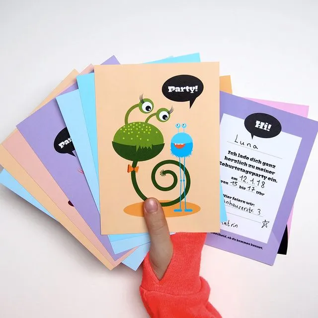 Pack of 5 invitation cards (German) Cute Monsters